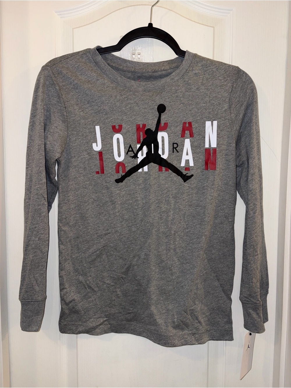 Jordan Kids Long-Sleeve Gray Tee with Black Jumpman and Red-White Lettering
